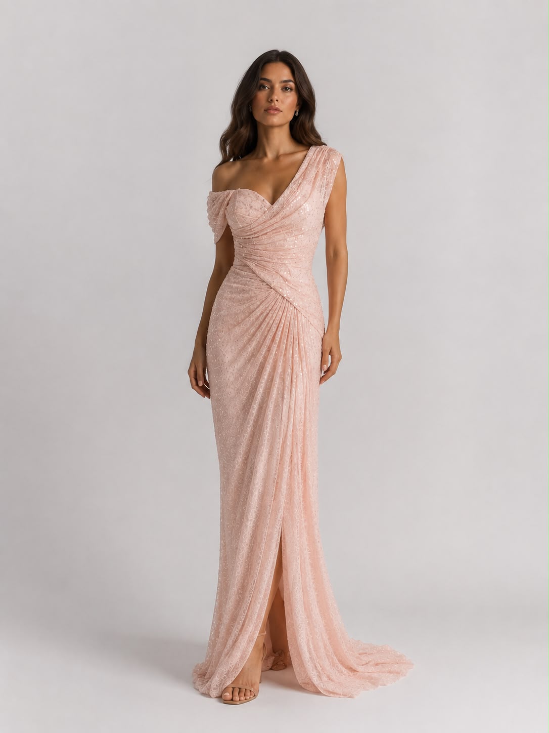 Robe Longue Sequin Col Bateau Saumon