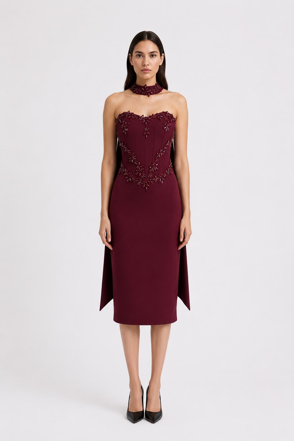 Robe Col Choker Sans Manches Bordeaux