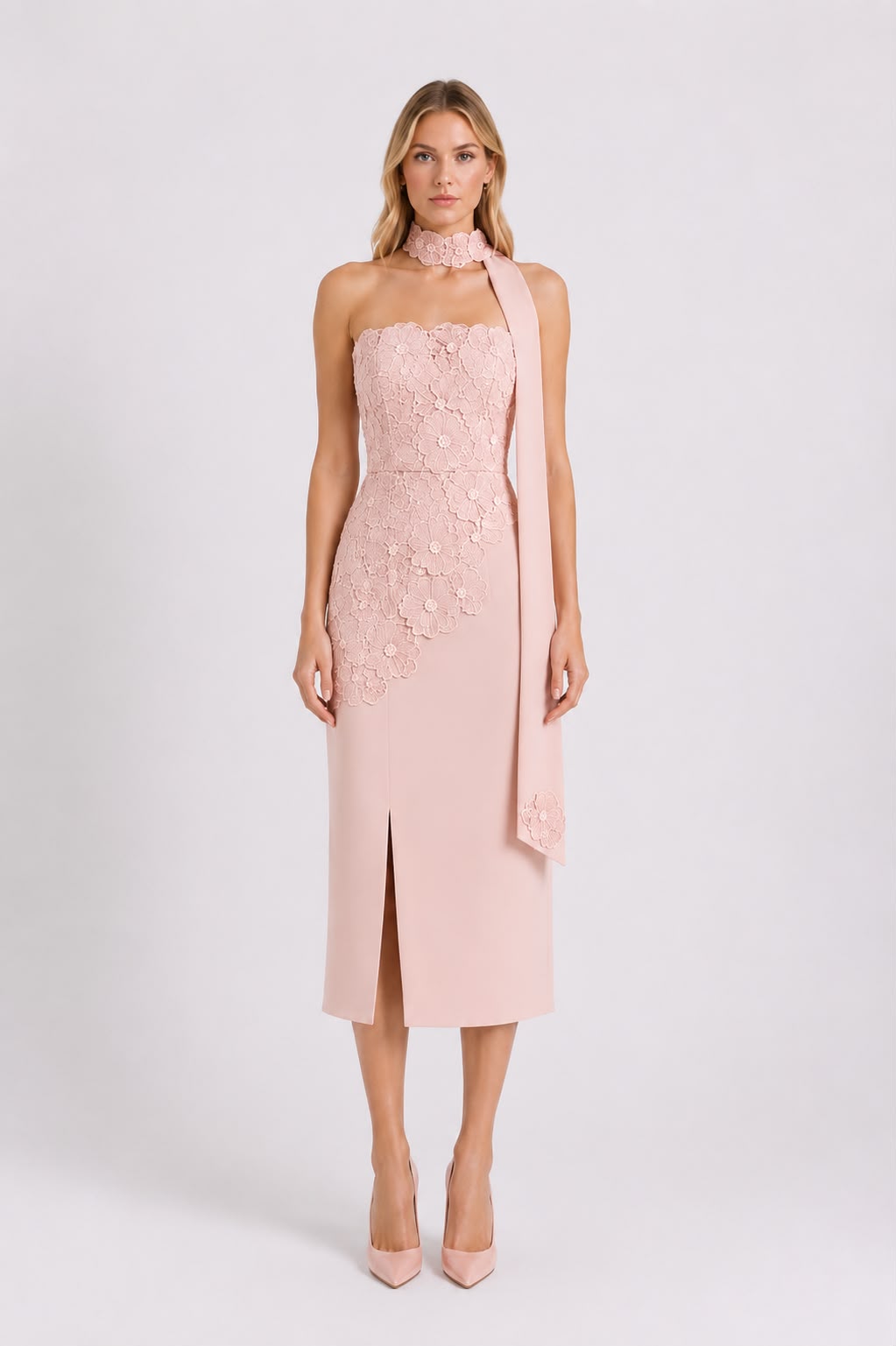 Robe Bustier en Dentelle Florale Rose