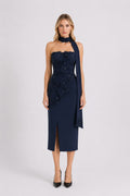 Robe Bustier en Dentelle Florale Bleu Marine