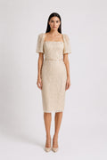 Robe Midi Perlée à Manches Bouffantes
