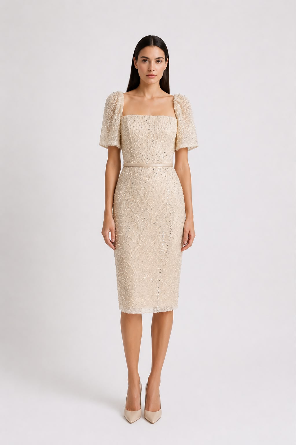 Robe Midi Perlée à Manches Bouffantes