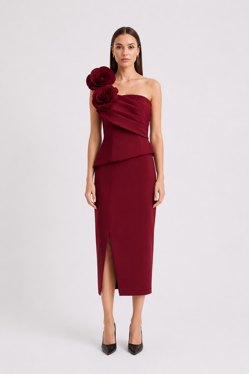 Robe Bustier Fleurs Bordeaux