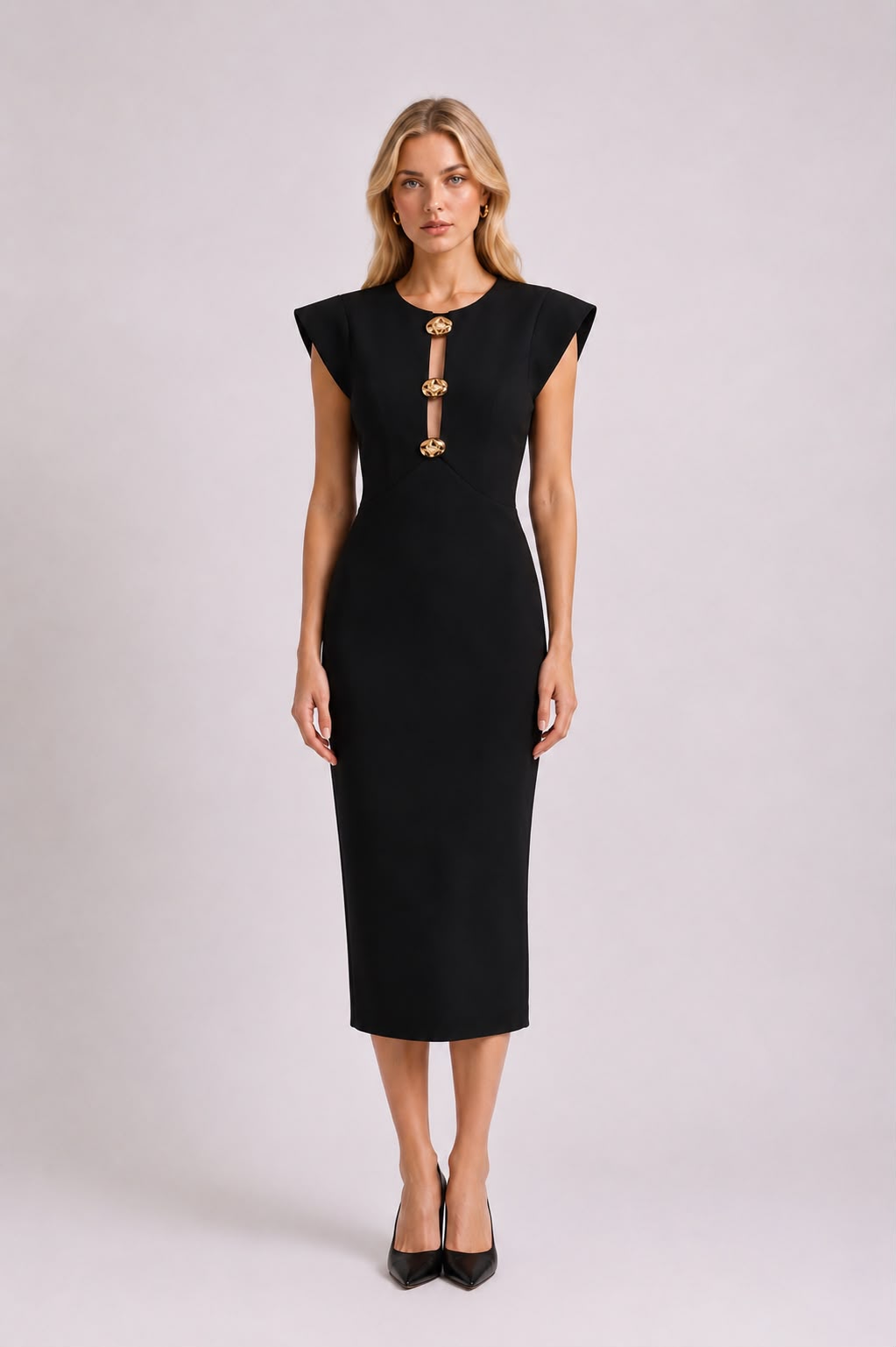 Robe Midi à Boutons Dorés Noir