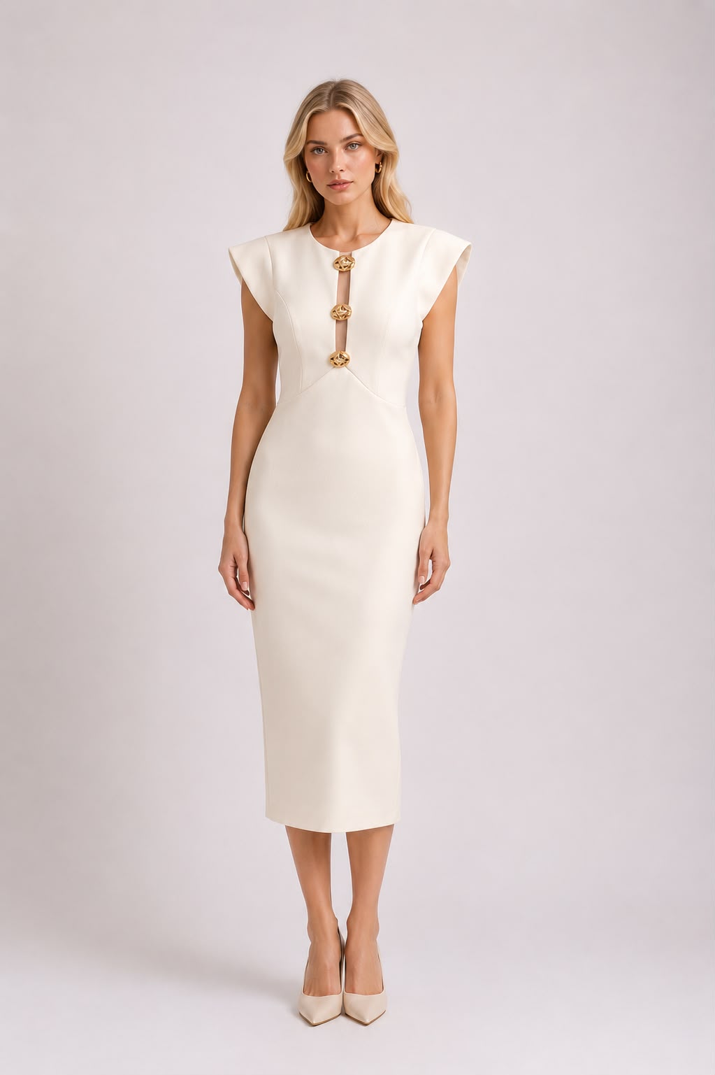 Robe Midi à Boutons Dorés Ecru
