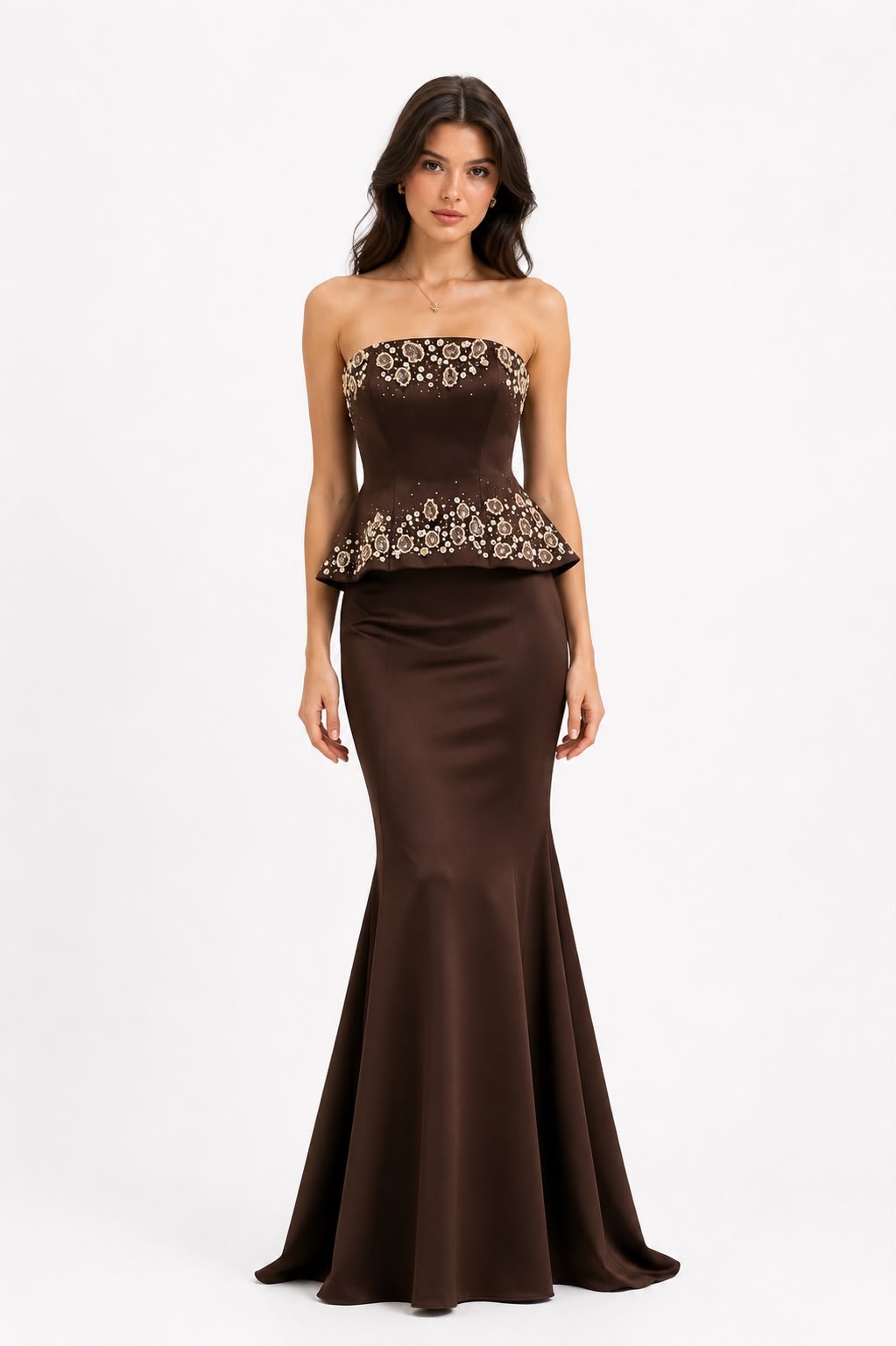 Robe Bustier Sirène à Perles Marron