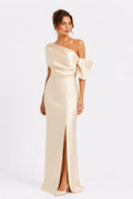 Robe Longue Satinée Col Bateau Beige