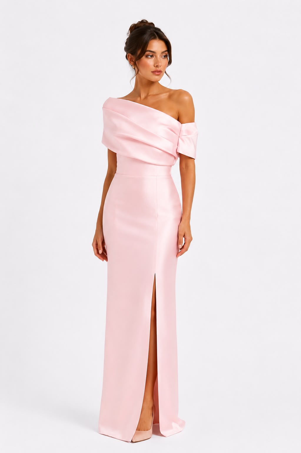 Robe Longue Satinée Col Bateau Rose