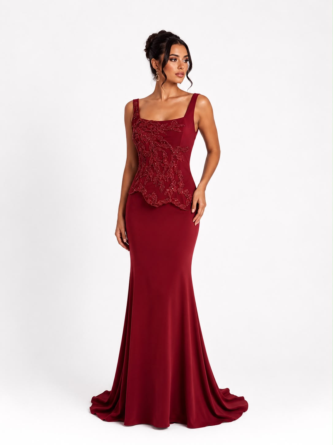 Robe Sirène à Corsage Brodé Bordeaux