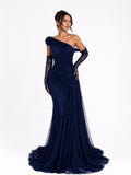 Robe Longue à Gants en Tulle Bleu Nuit