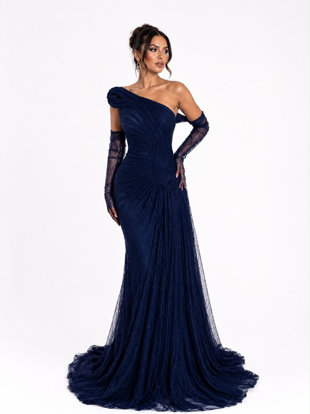 Robe Longue à Gants en Tulle Bleu Nuit