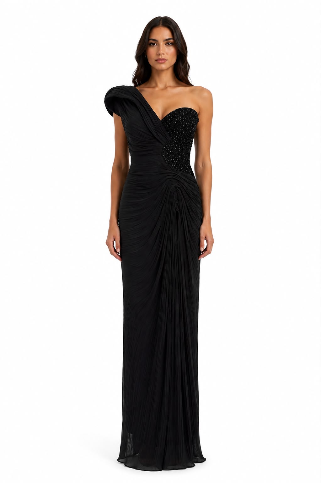 Robe Longue Assymétrique Drapée à Bustier Perlé