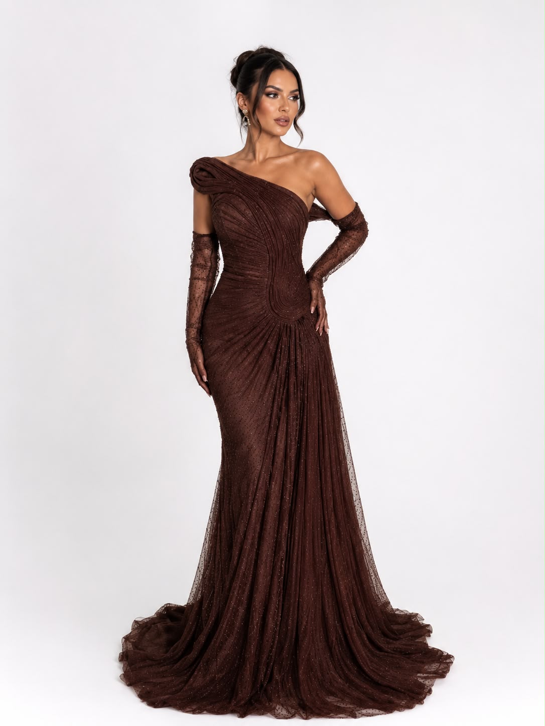 Robe Longue à Gants en Tulle Marron